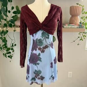 Kimchi Blue Y2K Sheer Floral Lace Mesh Mini Dress M Burgundy Romantic Grunge